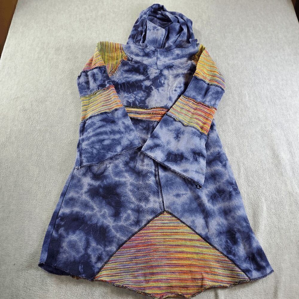 The Pyramid Collection Dress Womens Medium Blue Tie Dye Knit Long Sleeve Hooded